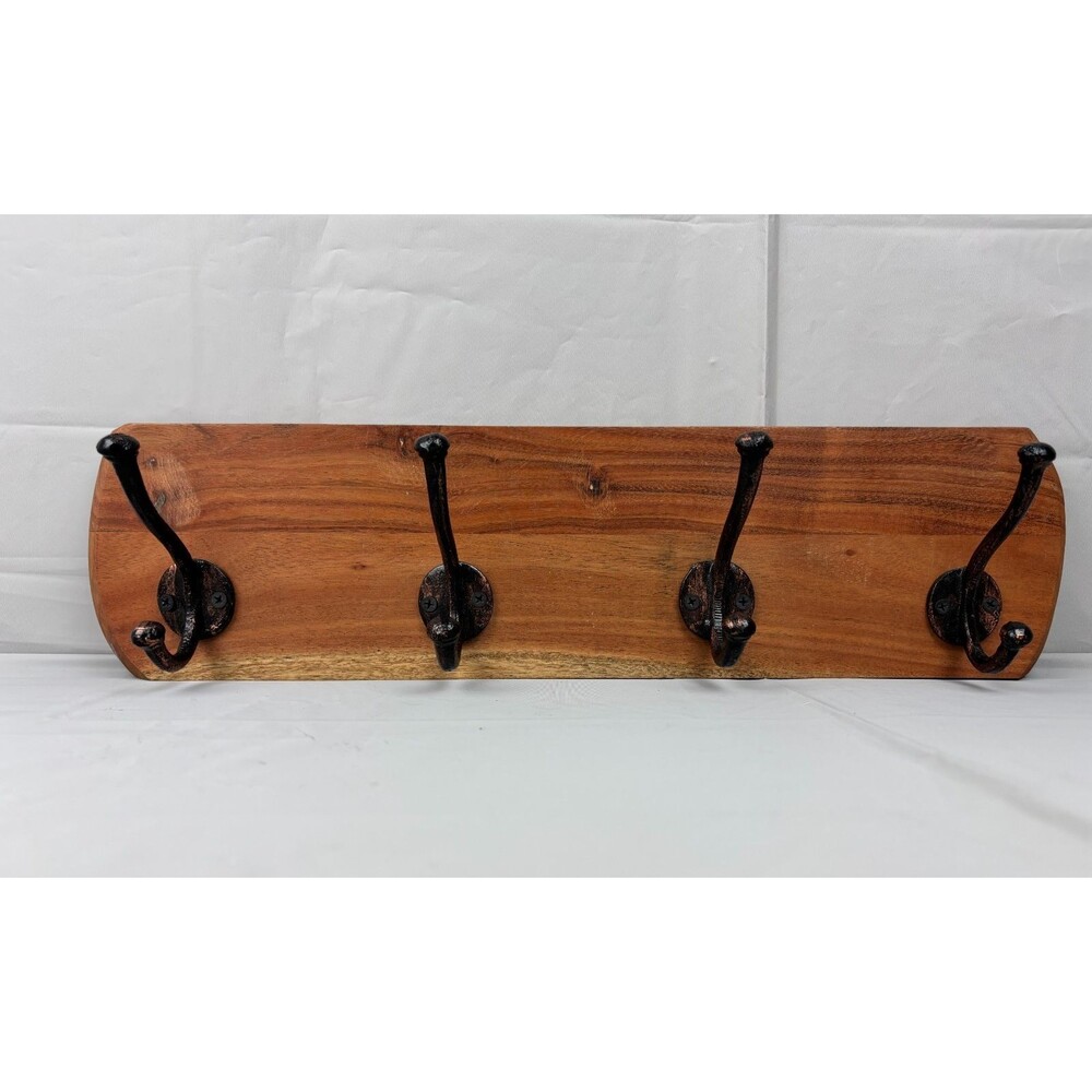 Wooden Rustic Farmhouse Wall Mounted Coat Rack 4 Cast Iron Hooks Heavy Duty 20 "